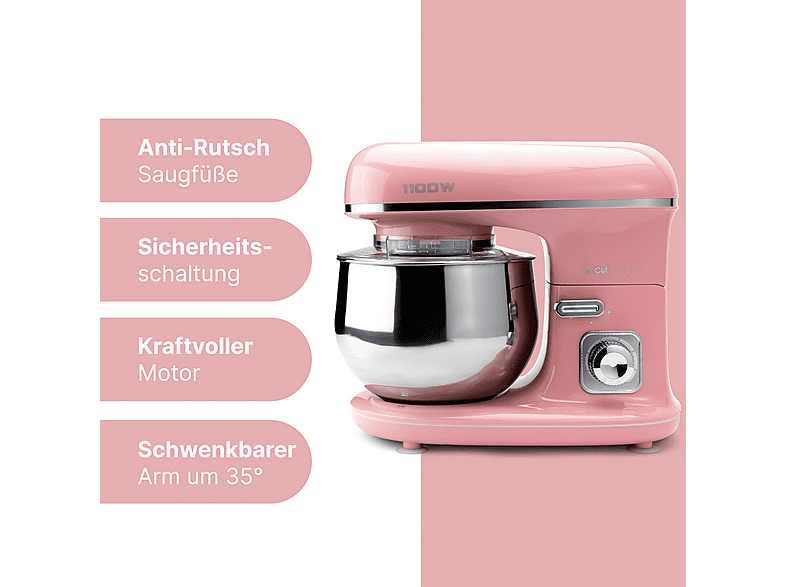Robot de cocina - Clatronic KM 3711, 1100 W, 5 l, Rosa