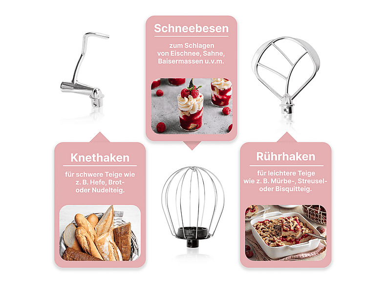 Robot de cocina - Clatronic KM 3711, 1100 W, 5 l, Rosa