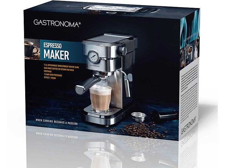 Cafetera espresso - Gastronoma 18110001, 15 bar, 1350 W, 2 tazas, Plata