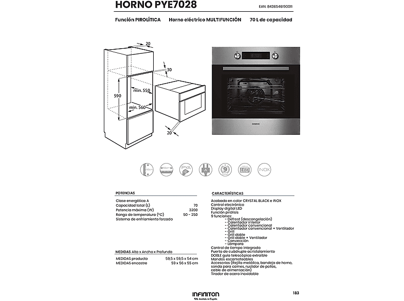 Horno multifunción - Infiniton PYE7028, Integrable, 70 l, 575 mm, Inox
