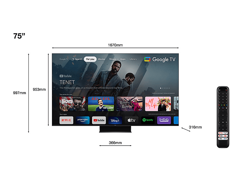 TV Mini LED 75" - TCL 75C845, UHD 4K, Quad Core, Smart TV, DVB-T2 (H.265), Negro