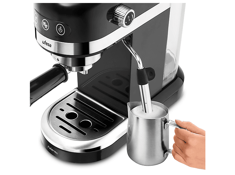 Cafetera express - Ufesa PALERMO BLACK 1350W, 20 BAR, SISTEMA DE CALENTAMIE, 1500 W, 2 tazas, Negro