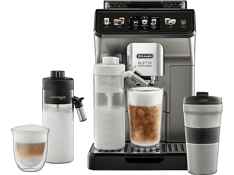 Cafetera express - Delonghi ECAM 450.86.T, 19 bar, 1450 W, 0,7 l, 6 tazas, Inox + Preto