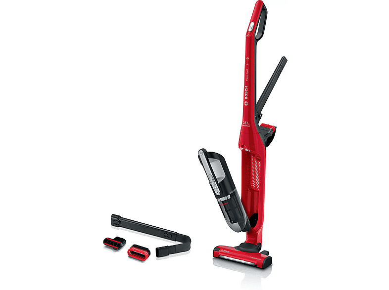 Aspirador escoba - Bosch BBH3ZOO28, 25,2 V, Potencia de succión 25 AirWatt, Depósito 0,4 l, Negro, Rojo