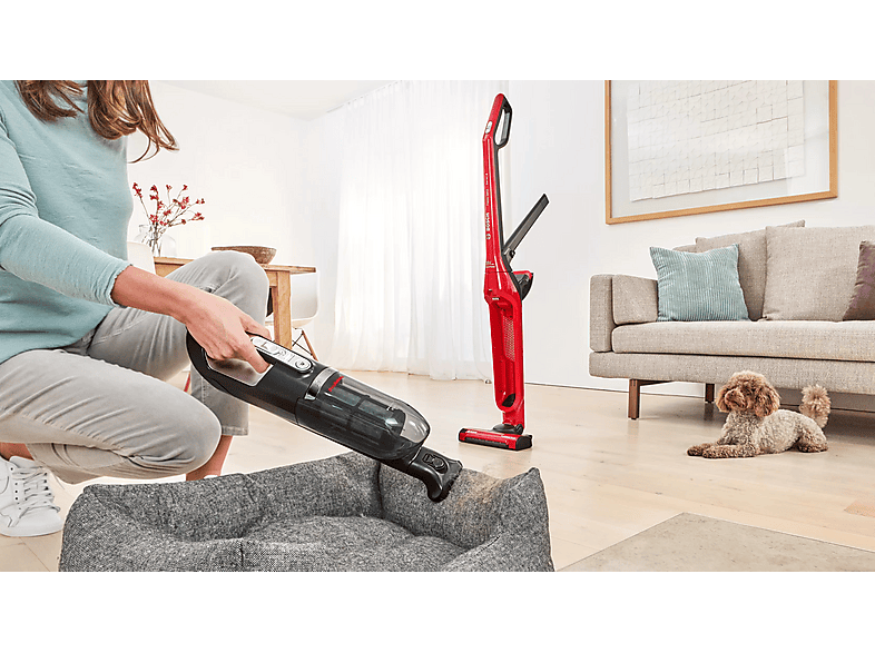Aspirador escoba - Bosch BBH3ZOO28, 25,2 V, Potencia de succión 25 AirWatt, Depósito 0,4 l, Negro, Rojo