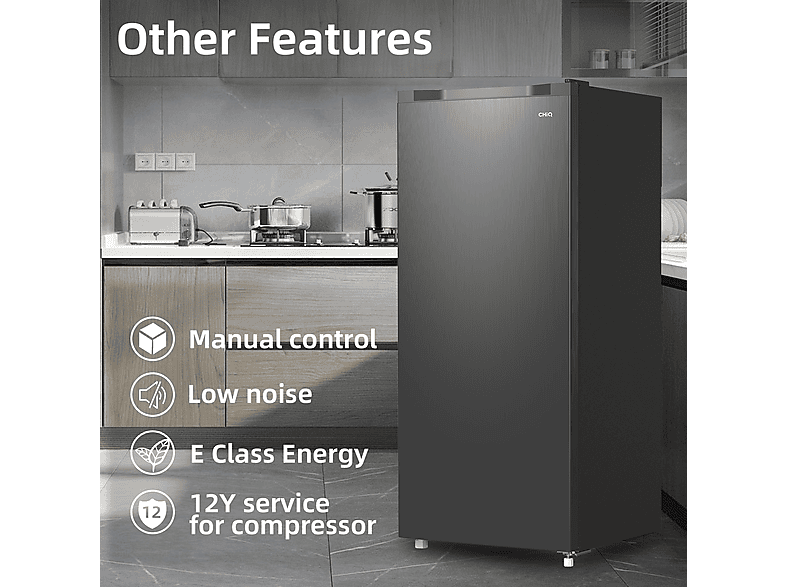 Congelador vertical - Chiq FSD160D4E, 145 l, 1259 mm, Color Metalico Cepillado Oscuro