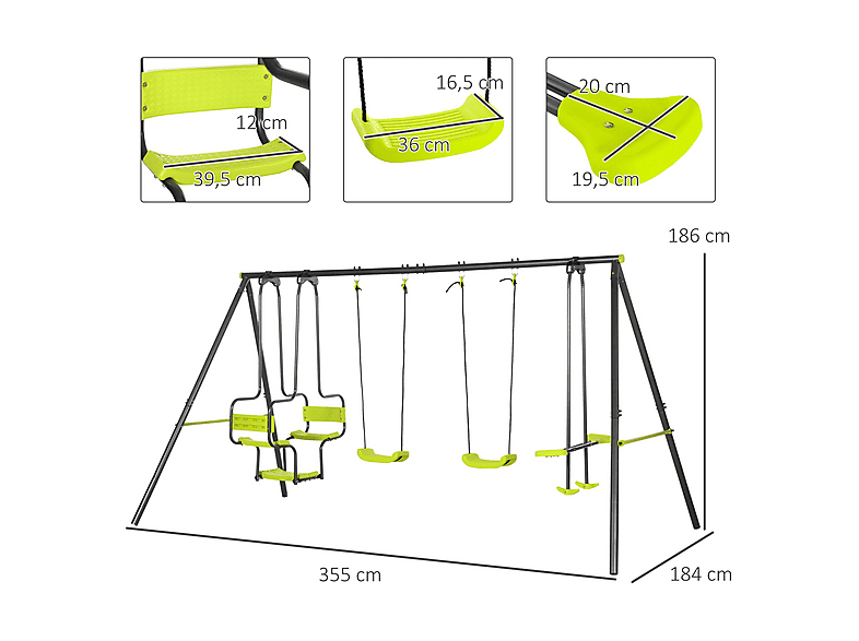 Set de Columpio - Outsunny 355x184x186 cm, color Verde y Negro, 344-061V00GN, a partir de 3 año(s), Verde y Negro