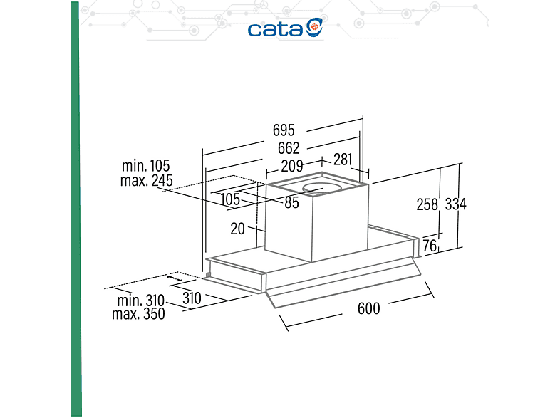 Campana de grupo filtrante - Cata 2187308 CORONA 70/B, 3 velocidades, 850 m³/h, 69 cm, Inox