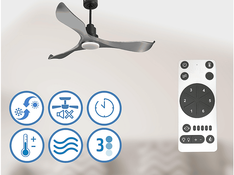 Ventilador de techo - Purline TrawanganD132C04LED64620, 18 W, 6 velocidades, Negro