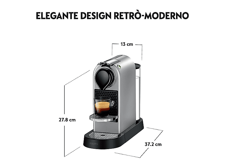Cafetera de cápsulas - Krups XN741B CITIZ SILVER EU OR, 19 bar, 1260 W, Plata