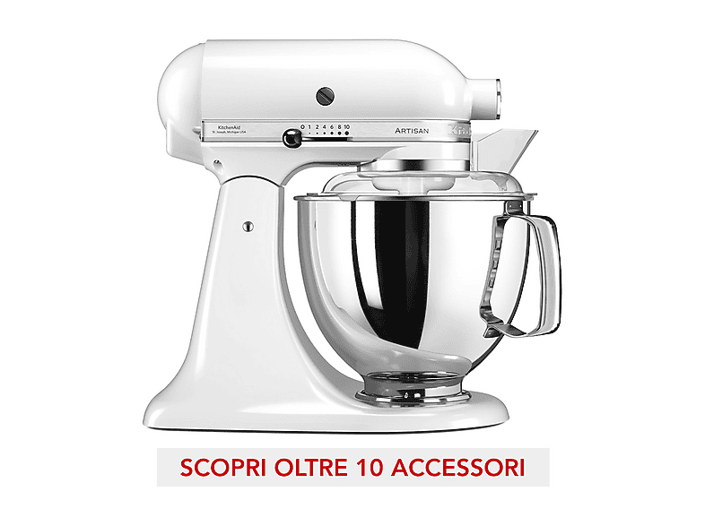 Robot amasador - KitchenAid 5KSM175PSEWH, 300 W, 4,8 l, Blanco