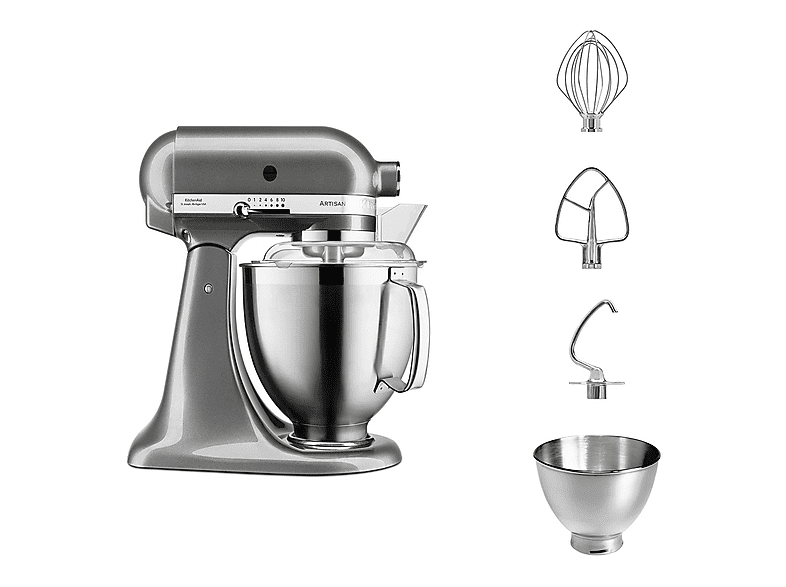 Robot de cocina - KitchenAid 5KSM185PSEMS, 300 W, 4,8 l, Plata