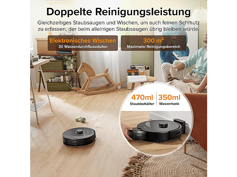 Robot aspirador - Roborock Q8M52-00, 30 W, Potencia de succión 5,5 kPa, Depósito 0,35 l, Autonomía 240 min, Negro