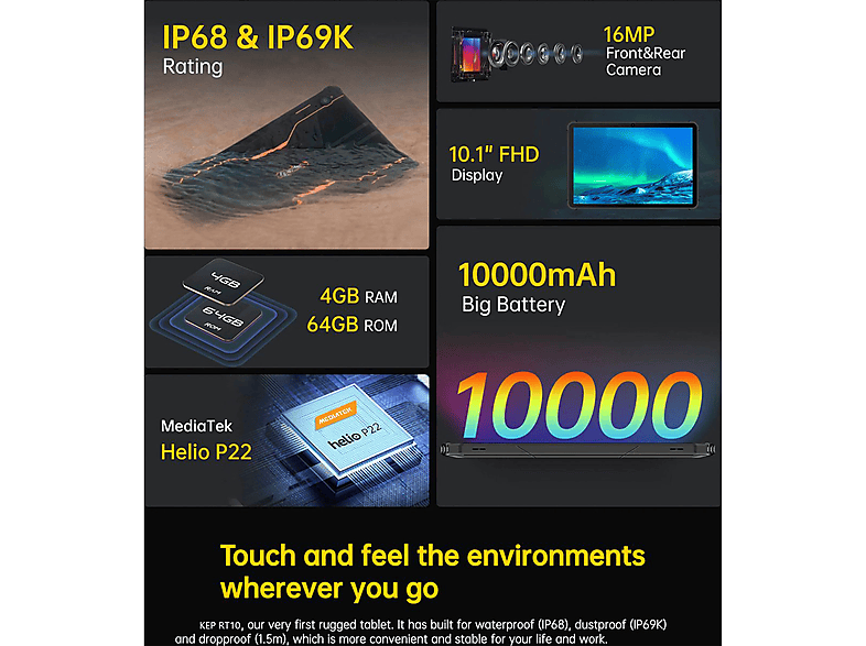 Tablet - Oukitel RT1 64 GB, Rugged tablet, Negro, 10,1 " WXGA+, 4 GB RAM, MT8788WA 2.0GHz A73 Quad + 2.0GHz A53 Quad, 64bit, Tablet Android