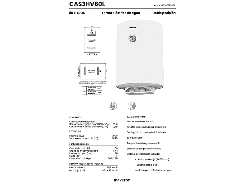 Termo eléctrico - Infiniton 091201 CAS3HV80L, Blanco