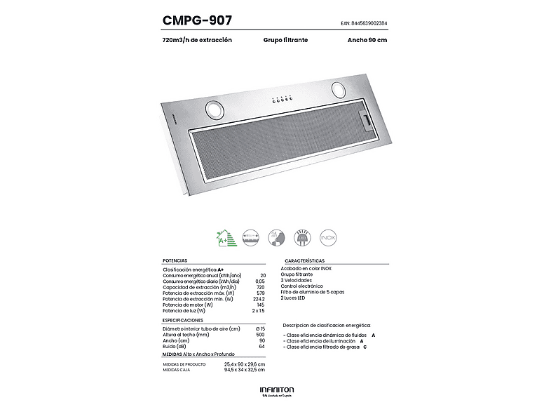 Campana de grupo filtrante - Infiniton CMPG-907, 3 velocidades, 720 m³/h, 90 cm, Inox
