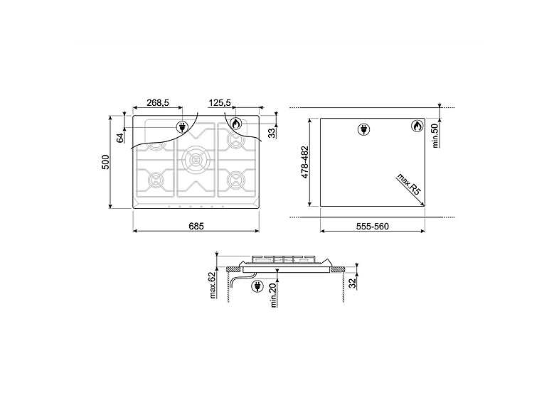 Placa de gas - Smeg Cucina SR275XGH2, 5 zone(s) zonas, 68,5 cm