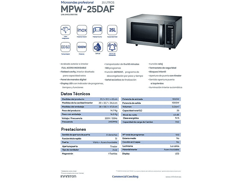 Microoondas Libre Instalación - Infiniton MPW-25DAF, 1000 W, Inox
