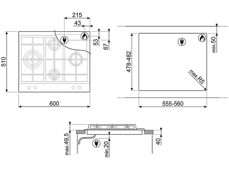 Placa de gas - Smeg P261XGH, 4 zona(s) zonas, Cilíndrico, 60 cm, Inox