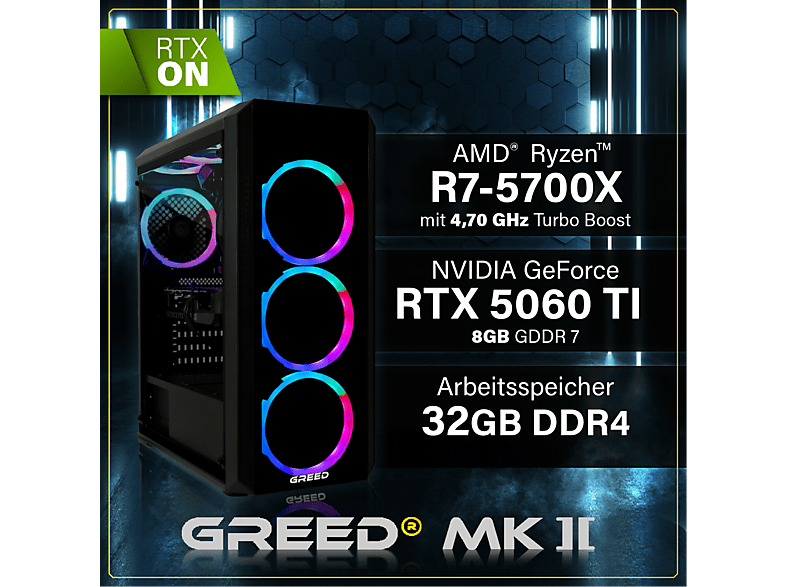 PC Gaming - Greed MK2 AMD | Gaming Ordenador / Computer, AMD Ryzen 7 5700X, 32 GB RAM, 1000 GB SSD, GeForce RTX™ 5060 Ti, Windows 11 Pro, Negro