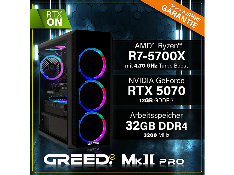 PC Gaming - Greed MK2 Pro AMD | Gaming Ordenador / Computer, AMD Ryzen 7 5700X, 32 GB RAM, 1 TB SSD, GeForce RTX™ 5070, Windows 11 Pro, Negro