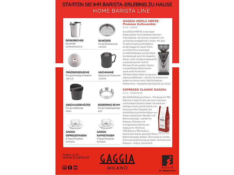 Cafetera espresso manual - Gaggia E24, 15 bar, 1200 W, 2 tazas, Rojo