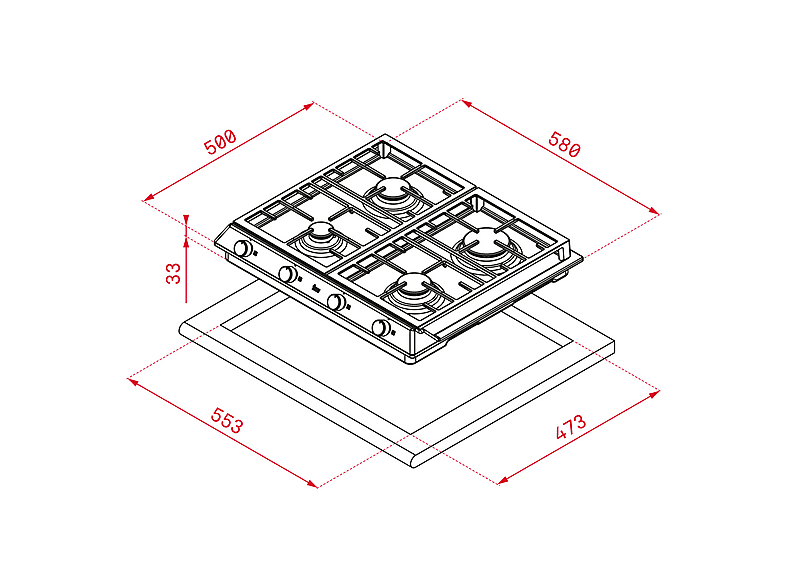 Placa gas - Teka 40212210 Ex 60.1 4 Gaialdrci, 4 zonas, Gas natural, Acero inoxidable