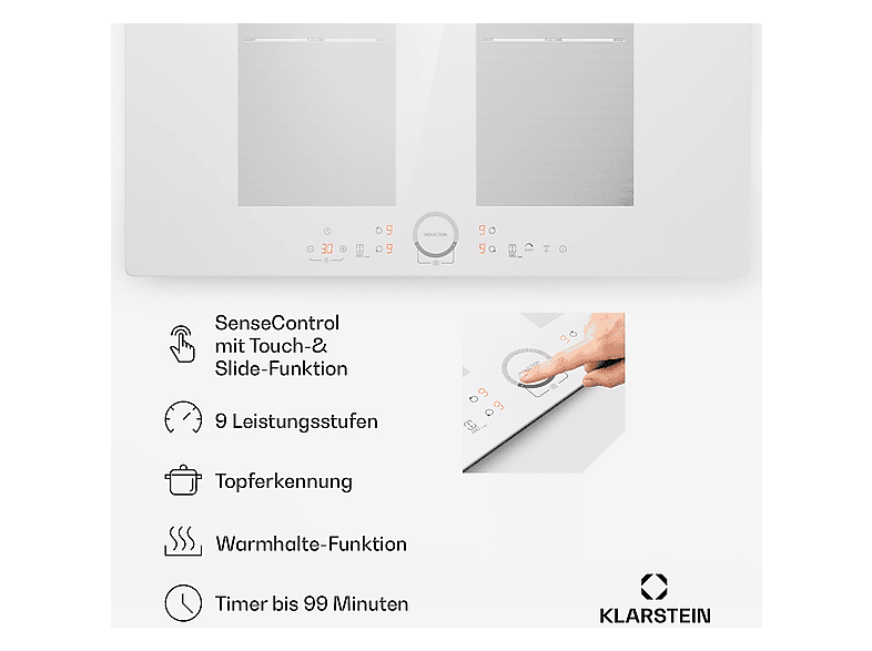 Placa de inducción - Klarstein Delicatessa 77 Flex, 4 zonas, 77 cm, Blanco