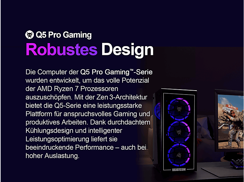 PC Gaming - Beastcom Q5 Pro Gaming, AMD Ryzen™ 7 5700X, 16 GB RAM, 1 TB SSD, GeForce RTX™ 5060 Ti, Windows 11 Home, Negro