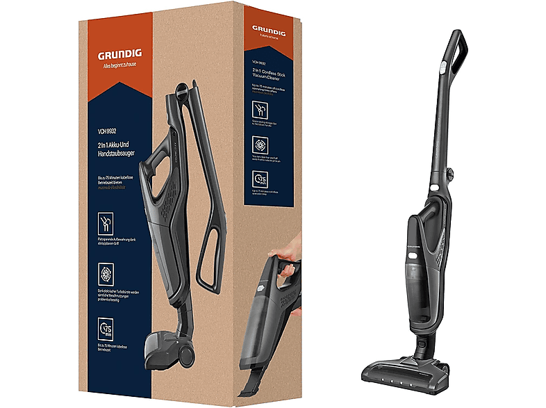 Aspirador escoba - Grundig AKLBB977442072, 21,6 V, Potencia de succión 100 W, Depósito 0,5 l, Autonomía 75 min, Negro