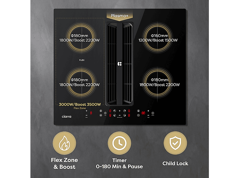 Placa de inducción - Ciarra CBBEH594BBF, 4 o 2 zonas, 520 mm, Negro