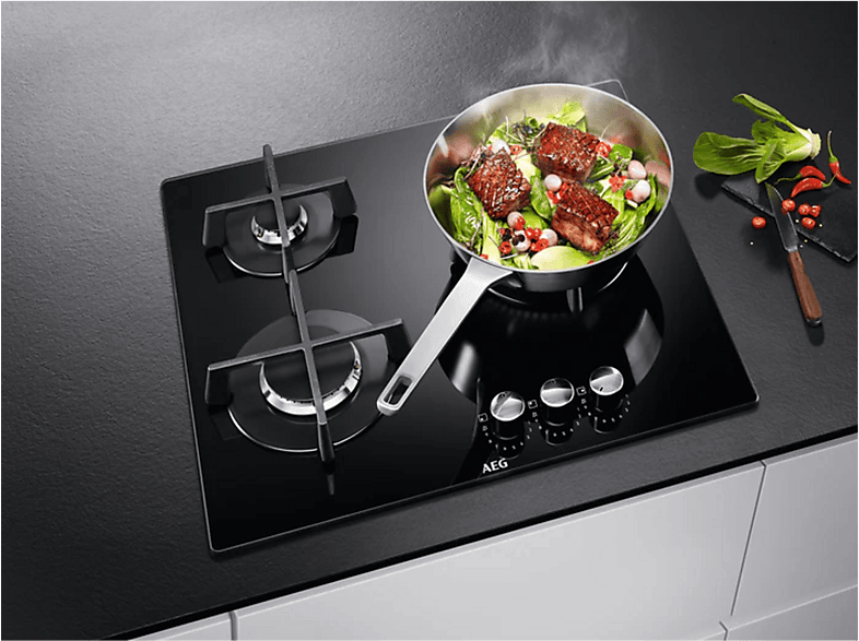Placa de gas - AEG HKB63320NB, 3 zonas, Gas Natural, 590 mm, Cristal negro