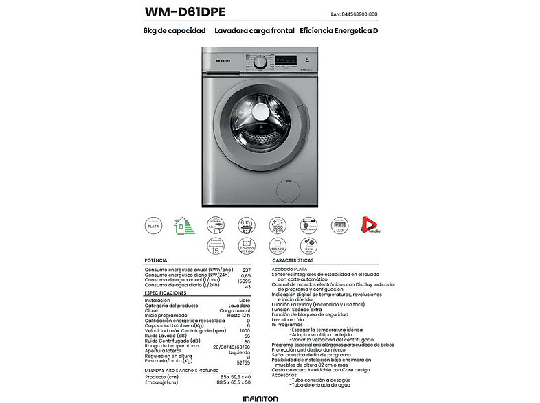 Lavadora carga frontal - Infiniton WM-D61DPE, 6 kg, 15 programas, Inox