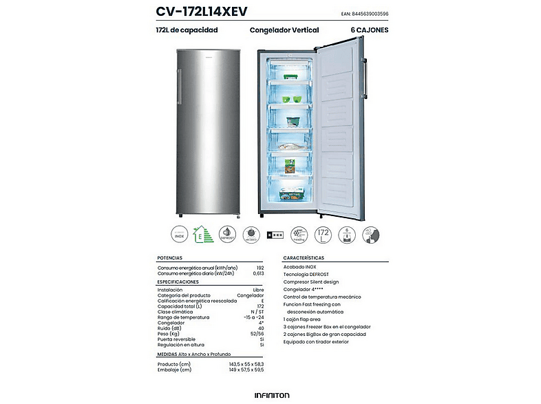 Congelador vertical - Infiniton CV-172L14XEV, 188,5 cm, Inox