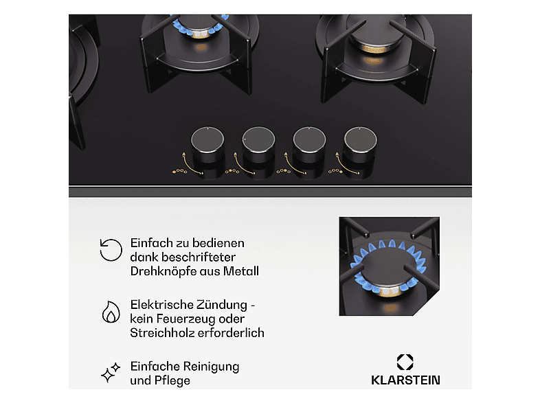 Placa de gas - Klarstein Goldflame, 4 zonas, 90 cm, Negro
