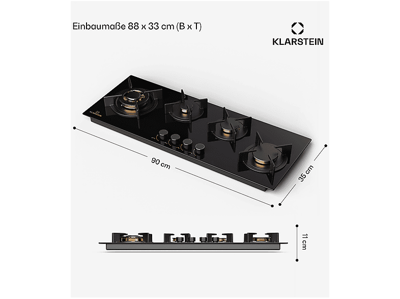 Placa de gas - Klarstein Goldflame, 4 zonas, 90 cm, Negro