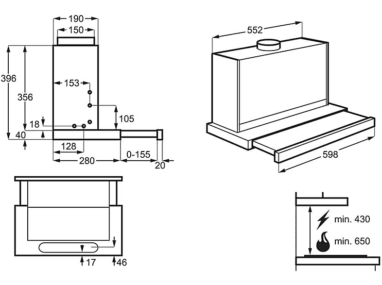 Campana extraíble - AEG Serie 5000 Extractor DPE5660M, 3 velocidades, 495 m³/h, 600 mm