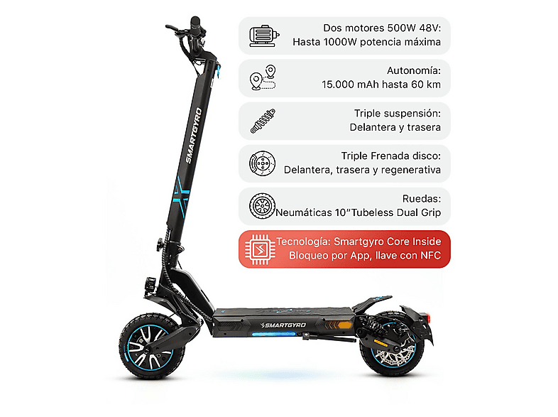 Patinete eléctrico - Smartgyro CROSSOVER DUAL MAX LR, Pot. máx. 1000 W, Carga máx. 140 kg, 70 km autonomía, 18,000 mAh, Negro