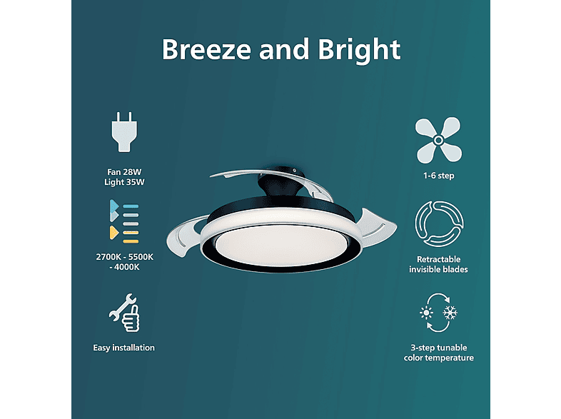 Ventilador de techo - Philips BLISS DC 28W+35W 27-55-40K BLACK, 6 velocidades, Aspas retráctiles, Negro