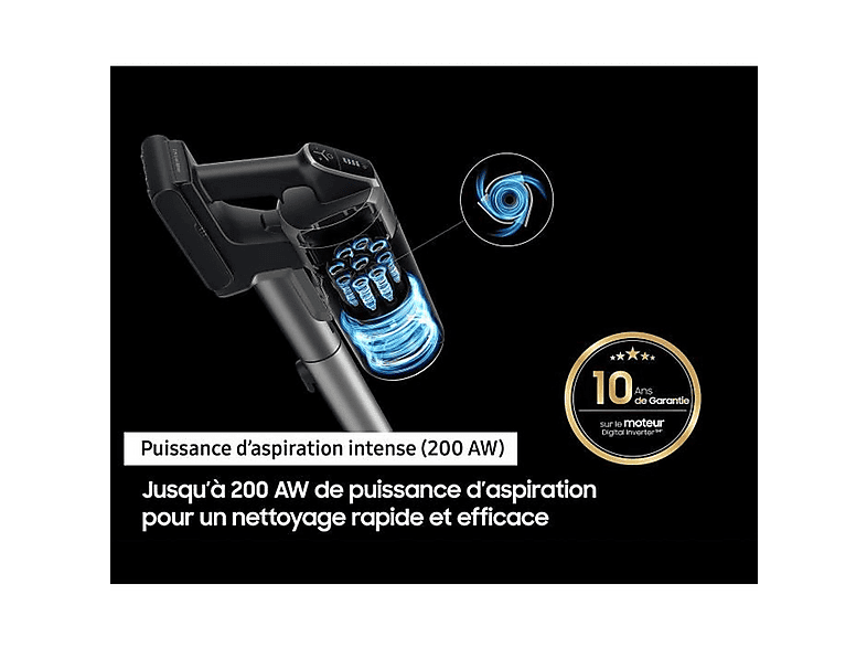 Aspirador escoba - Samsung VS20B75BCR5/WD, 550 W, Potencia de succión 200 AirWatt, Depósito 0,8 l, Autonomía 60 min, Negro, Cromo