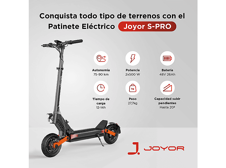 Patinete eléctrico - Joyor S-PRO con homologación para circular por carretera (DGT) + Casco, Carga máx. 120 kg, 26 mAh, Negro