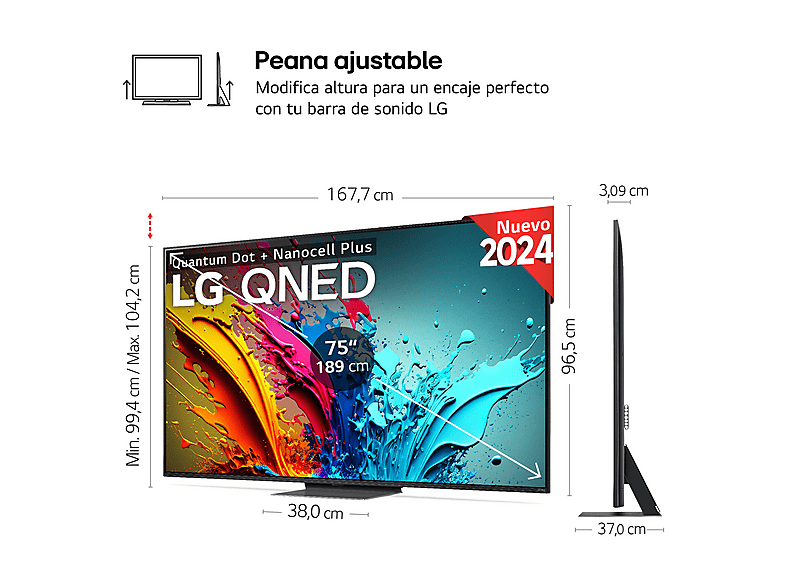 TV QNED 75" - LG 75QNED87T6B.AEU, UHD 4K, Procesador Inteligente 4K α8, Smart TV, DVB-T2 (H.265), Negro Grafito