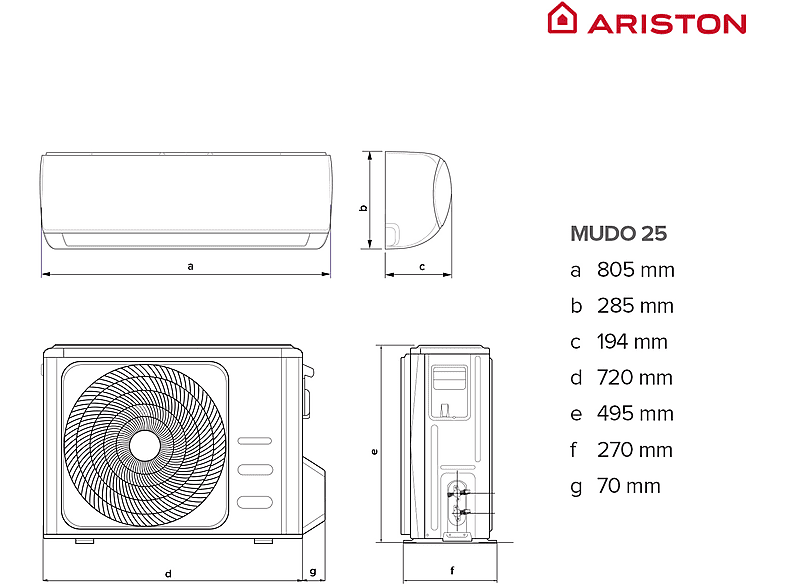 Split 1x1 - Ariston ALYS MUDO25 ++, Frío/Calor, WiFi, Autolimpieza, Función deshumidificador, Modo silencioso, Función Inverter, White