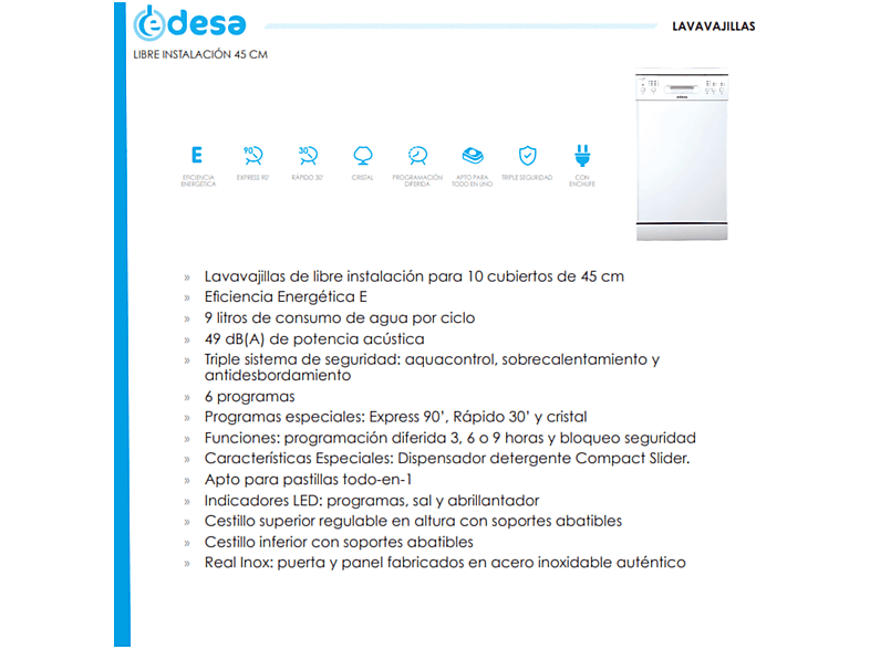 Lavavajillas libre instalación 45 cm - Edesa EDW-4610 WH, 10 servicios, 6 programas, 44,8 cm, Inox