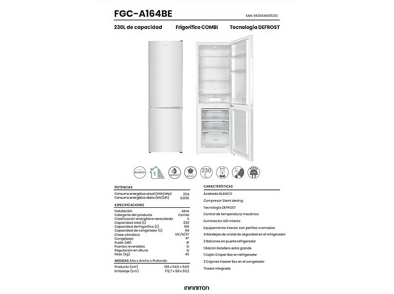 Frigorifico Combi - Infiniton FGC-A164BE, Ciclico, Altura 168 cm, Capacidad 230 l, Blanco