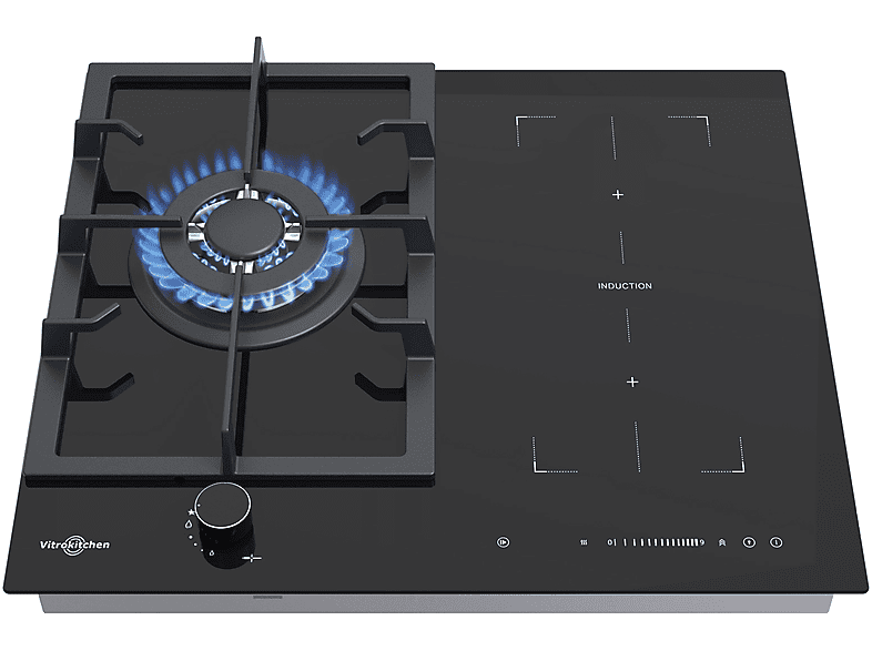 Placa de gas - Vitrokitchen VG611NB con placa de inducción, 3 zonas, 58 cm, negro
