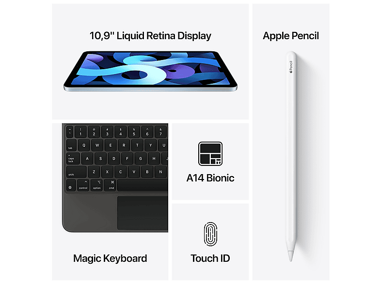 Tablet - Apple iPad Air, 64 GB, Gris, 10,9 " UHD 4K, 4 GB RAM, Apple, A14, Tablet iPadOS