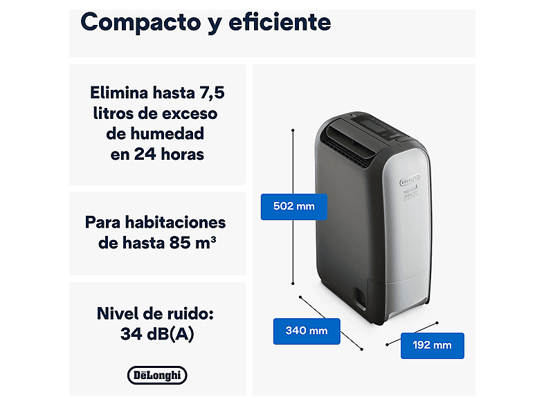 Deshumidificador - De Longhi, De'Longhi Tasciugo AriaDry Light DNS80, Extracción 7.5 l/día, Depósito de 2,8 l, Superficia de 85 m³, Pantalla LCD, Gris
