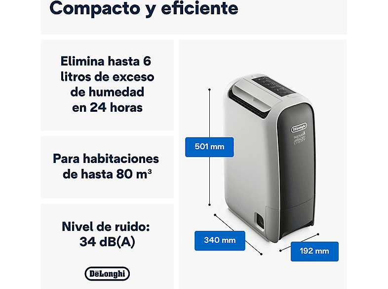 Deshumidificador - De Longhi, De'Longhi Tasciugo AriaDry Light DNS65, Extracción de 6 l/día, Depósito de 2.8 l, Superficie máxima 75 m³, Ionizador