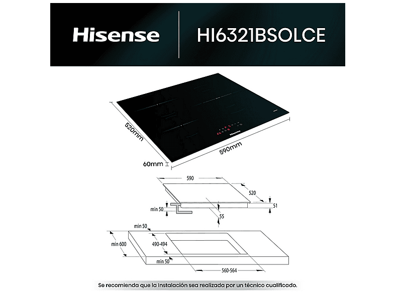 Placa inducción - Hisense HI6321BSOLCE, 3 zonas, 59 cm, Negro